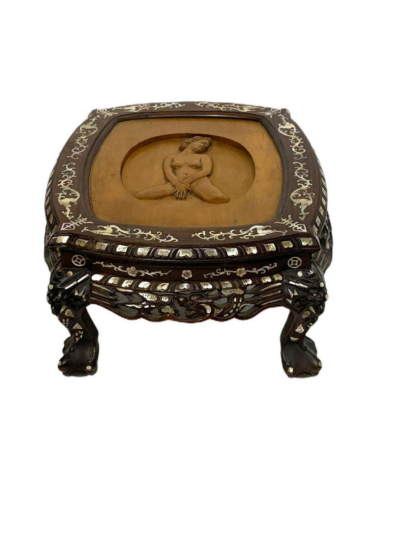 Chinese Rosewood and Mother of Pearl Pedestal: Chinese rosewood and mother of pearl pedestal with figural nude woman top measures 8 1/2" H x 15" L x 14" W