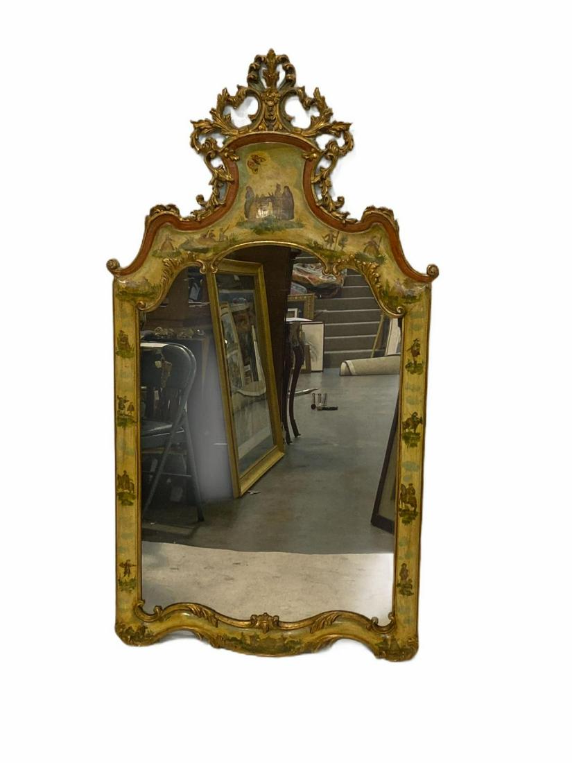 Italian Style Hand Carved Gilt Wood and Hand Painted: Italian style hand carved gilt wood and hand painted frame of scene mirror measures 60" H x 33" W
