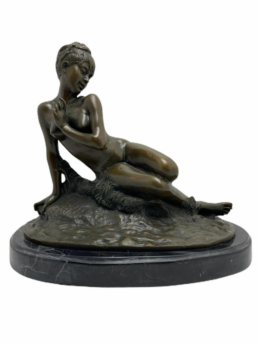 After MME Leon Bertaux Bronze Nude Girl Sculpture: After MME Leon Bertaux bronze nude girl sculpture mounted on marble base measures 10 1/2" x 12" x 8"