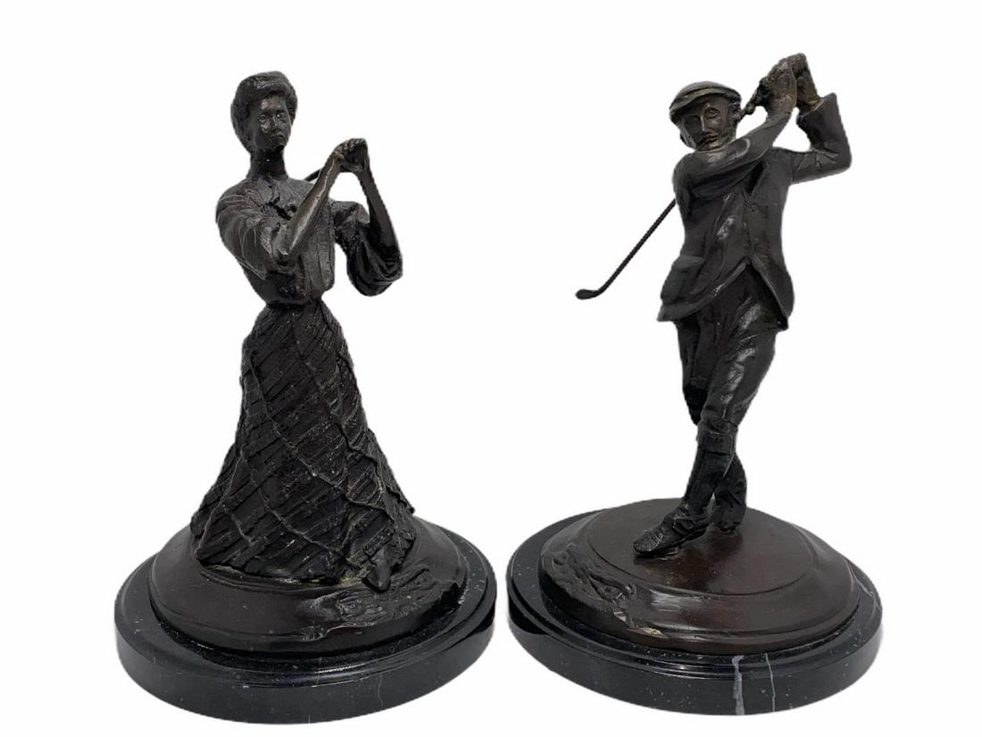 Pair of Bronze Golfer Statues on Marble Base: Pair of bronze golfer statues on marble base man and woman measures 9 1/2" H