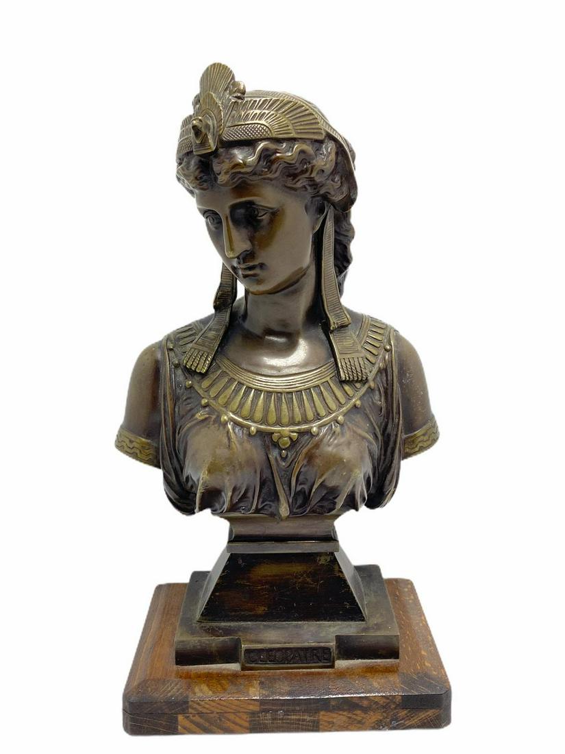 After Eutrope Bouret French Bronze Bust of Cleopatre: After Eutrope Bouret (French, 1833-1906) bronze bust of Cleopatre signed on back measures 10 1/2" H x 5" W x 5" L