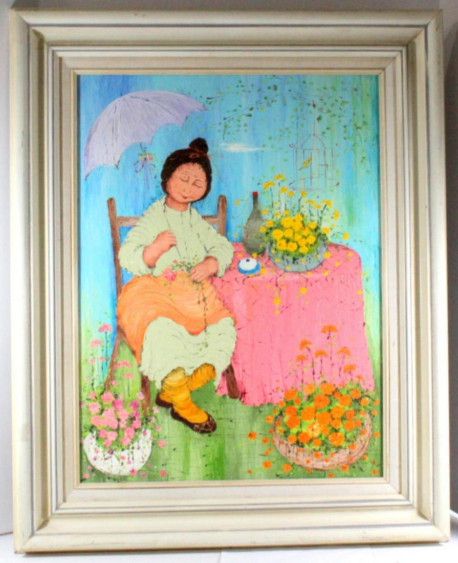 Signed Mildred Barrett Oil Painting: Mildred Barrett oil painting on canvas seated woman with flower signed lower left measures 23 1/2" x 17 1/2" frame is 4"