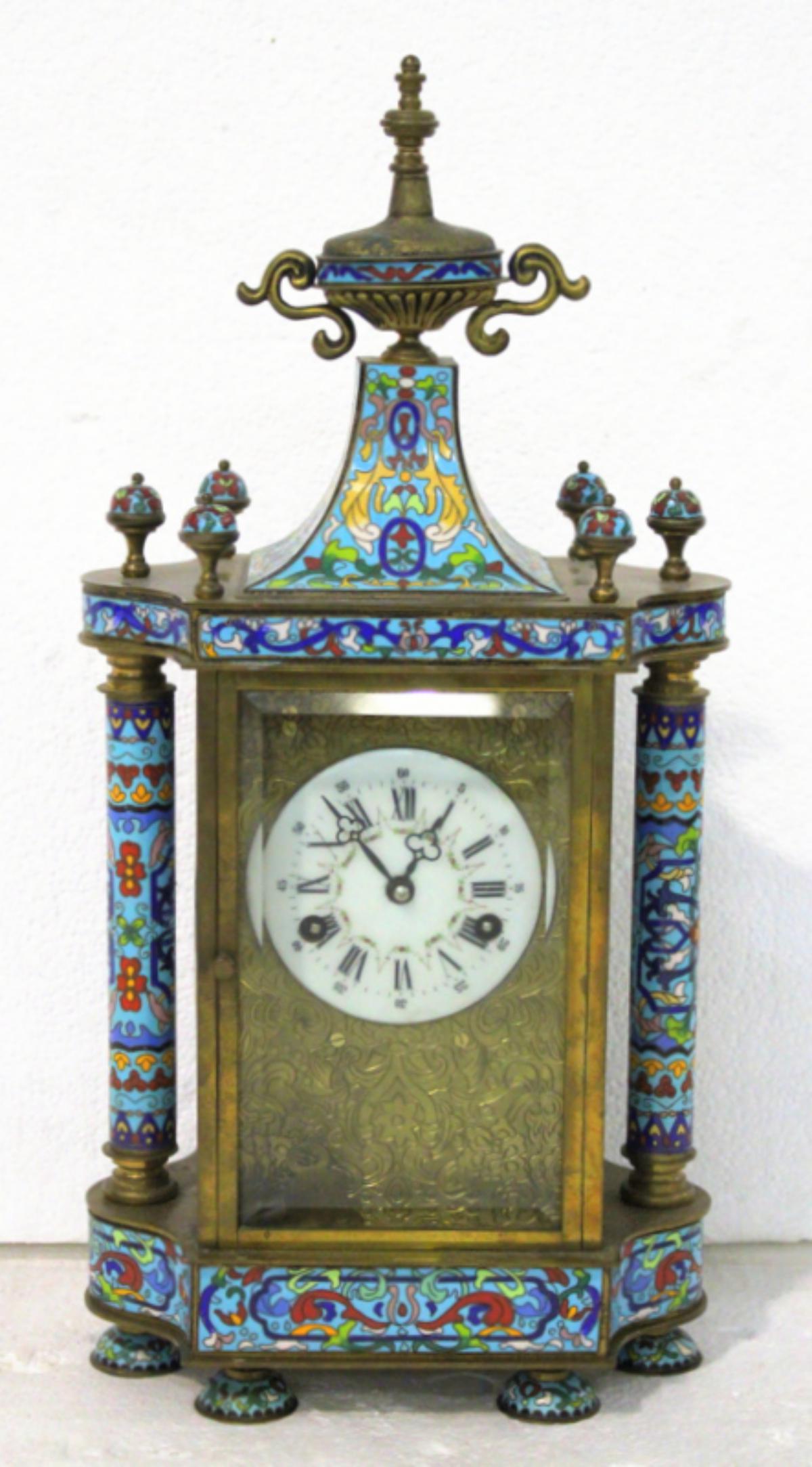 Champleve Enamel and Bronze Footed Mantle Clock: Champleve enamel and bronze footed mantle clock measures 21 1/2" x 10" x 5"