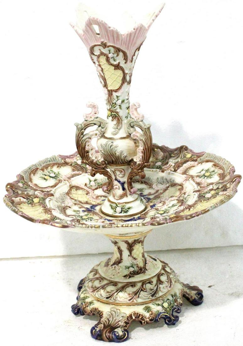 Italian Majolica Epergne: Italian majolica epergne measures 20" H. Sold as is