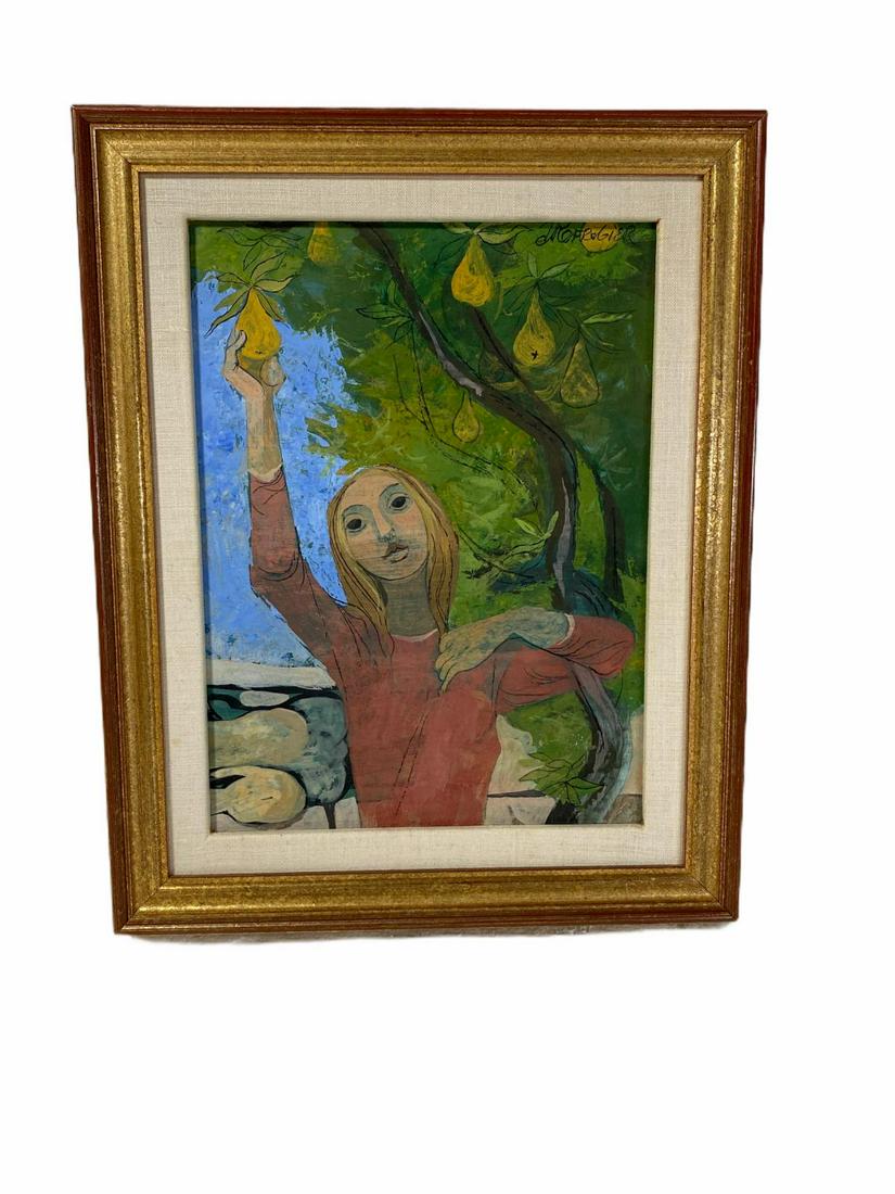 Signed Anton Refregier Oil Painting on Board: Anton Refregier (American, 1905-1979) oil painting on board depicting a girl picking fruit signed top right measures 11 1/2" x 8 1/2", 2" frame and matte