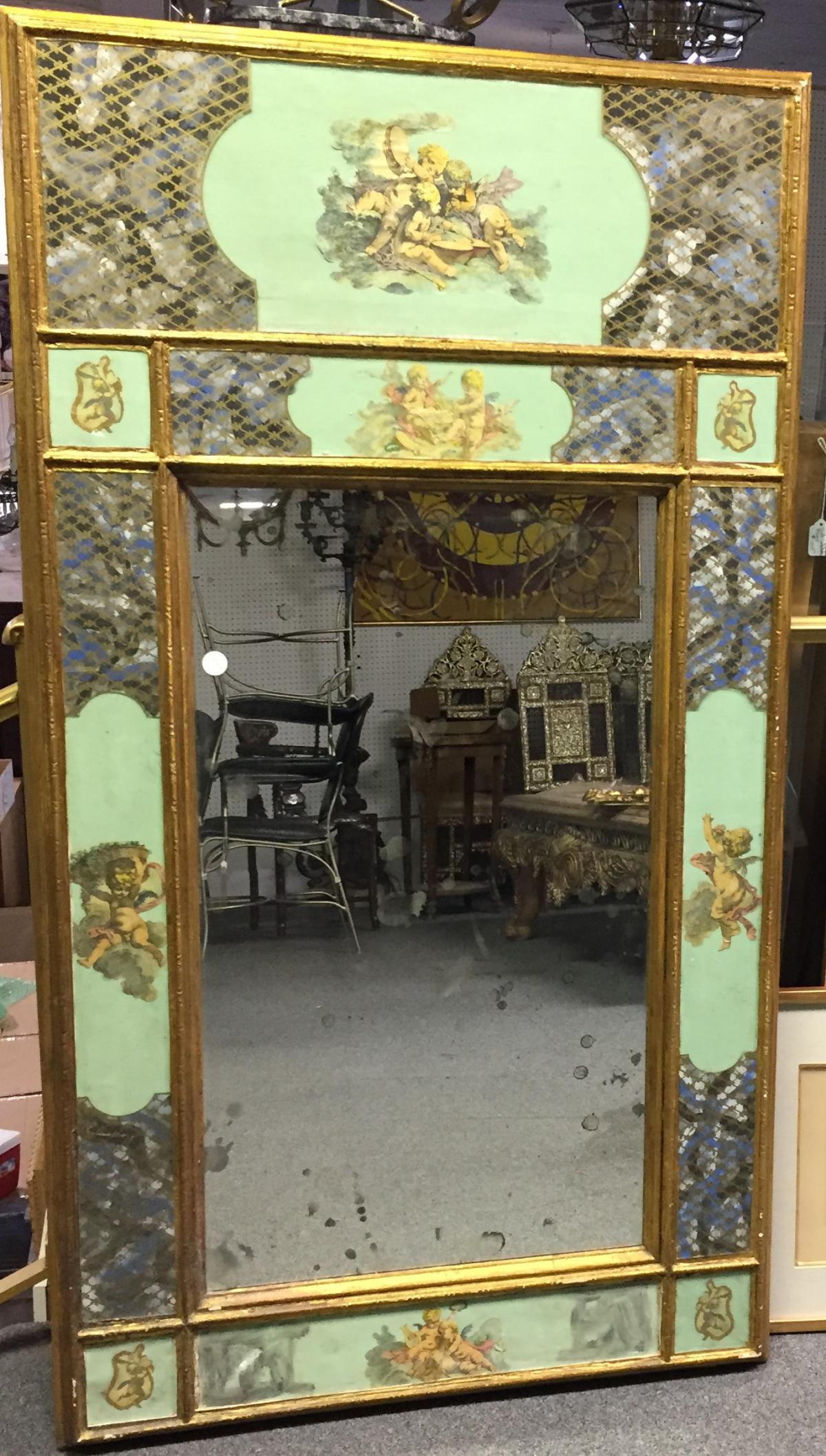 Antique Hand Decorated Etched Glass Mirror: Antique Hand Decorated Etched Glass Mirror 35" high x 20" wide totally 60 1/4" high x 32 1/2" wide