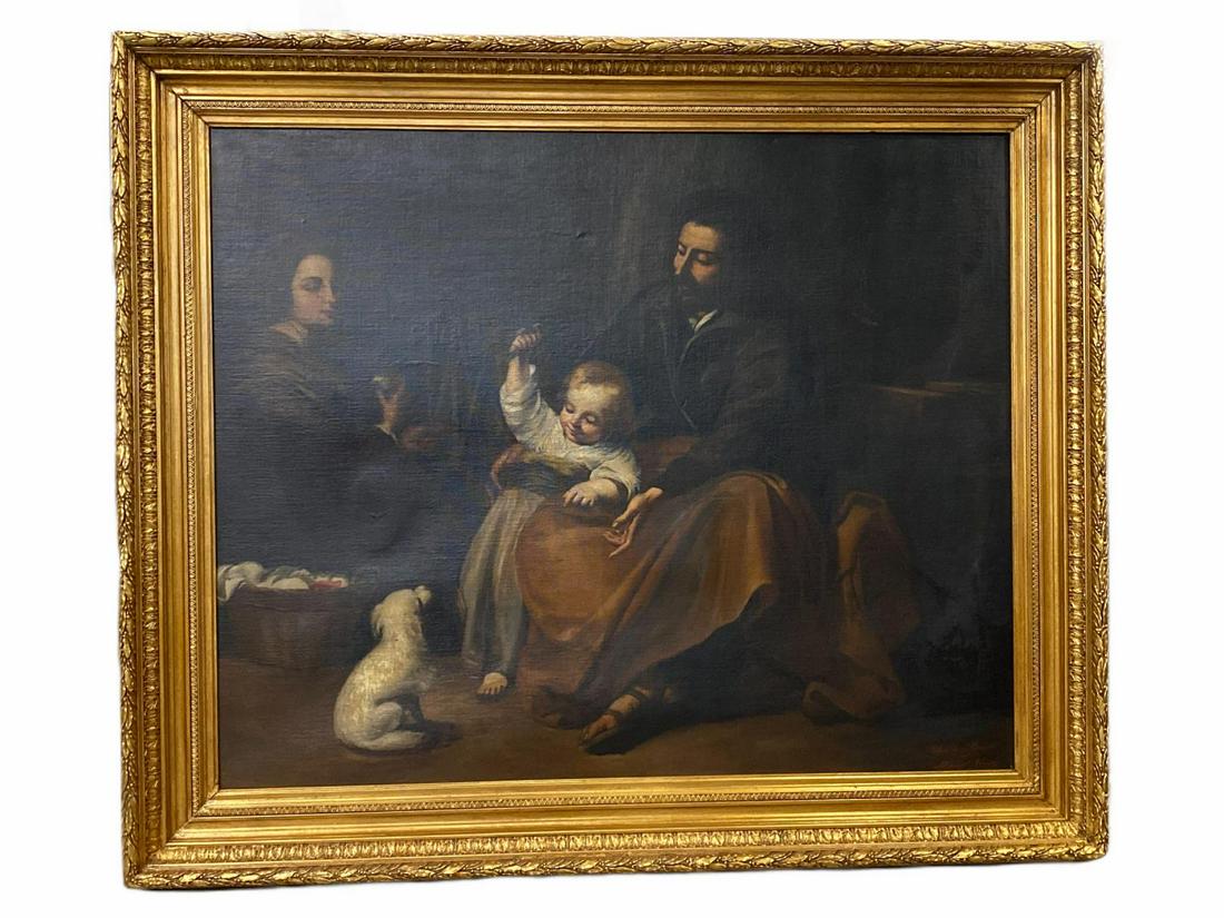 Large Signed Spanish School Old Master Style Oil: Large Spanish school old master style oil painting on canvas the holy family with a little bird copy of Murillo signed by artist lower right Manuel Alonzo measures 38 1/2" H x 47 1/2" W, 6" frame