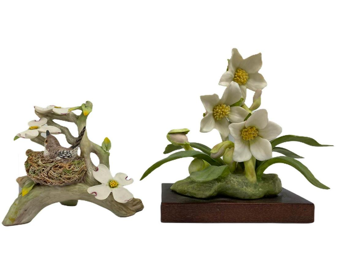 Two Cybis Porcelain Flower and Bird Figures: Two Cybis Porcelain Flower and Bird Figures. Bird measures 5" x 5" and the flower measures 8" x 8". Sold as is