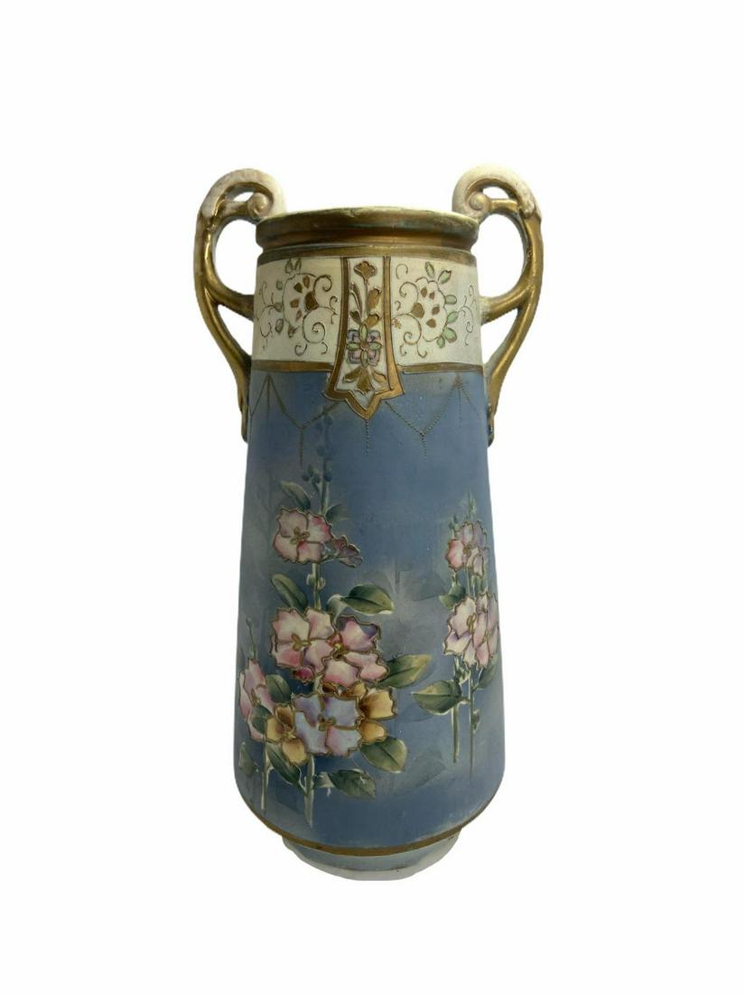 Nippon Hand Painted Porcelain Two Handled Vase: Nippon Hand Painted Porcelain Two Handled Vase measures 16" H x 8" W