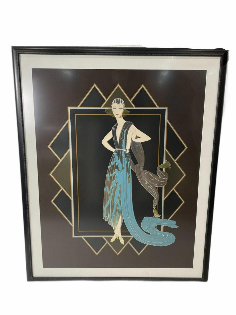 Signed Erte Romain De Tirtoff Serigraph Print on Paper: Erte Romain De Tirtoff (1892-1990) Serigraph Print on Paper California foil depicting a beautiful art deco lady with turquoise dress signed lower right with Roman numerals lower left measures 17" H x