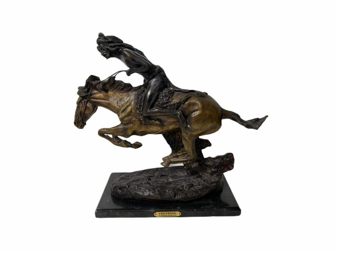 Signed After Frederic Remington Bronze Sculpture: After Frederic Remington Bronze Sculpture Chayenne Mounted on Marble Base signed measures 18" H x 15" L x 7 1/2" W