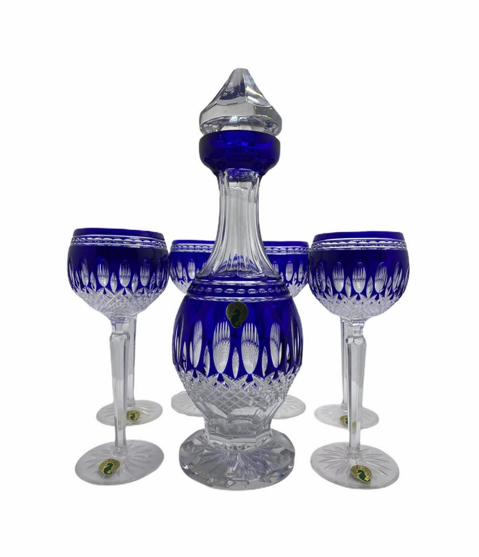 Waterford Crystal Cobalt Hock Clarendon Decanter Set: Waterford Crystal Cobalt Hock Clarendon Decanter Set with Six Wine Glasses. Decanter measures 13 1/2" H and wine glasses measure 8" High