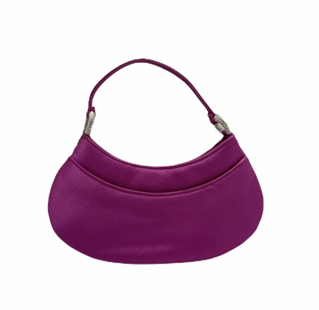 Judith Leiber Fuchsia Satin Evening Bag: Judith Leiber Fuchsia Satin Evening Bag with coordinating handle fastened by silvertone rings adorned with Swarovski Crystals and exterior pockets on both sides. Matching interior silvertone engraved