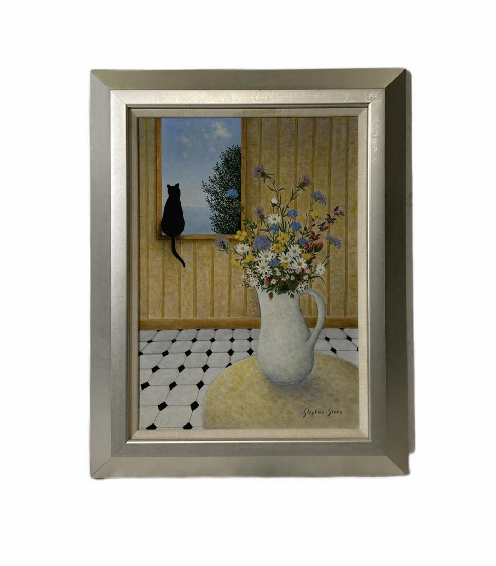 Signed Shiglion Green Oil Painting on Canvas: Shiglion Green Oil Painting on Canvas depicting white pitcher with flower and black cat on window signed lower right measures 17" H x 12 1/2" W, 3" frame and matte