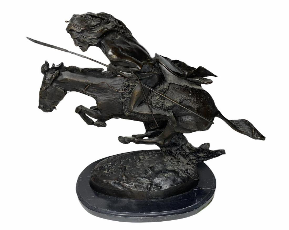 After Frederic Remington Bronze Sculpture Chayenne on: After Frederic Remington (American, 1861-1909) Bronze Sculpture Chayenne on Marble Base measures 20 1/2" H x 21" L