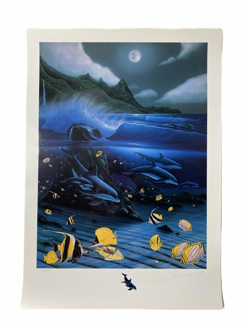 Signed Robert Wyland Mixed Media Hanalei Bay: Robert Wyland (b. 1956, American) Mixed Media Hanalei Bay limited edition signed lower right and numbered 634/750 measures 25 1/2" x 18". Comes with certificate of authenticity