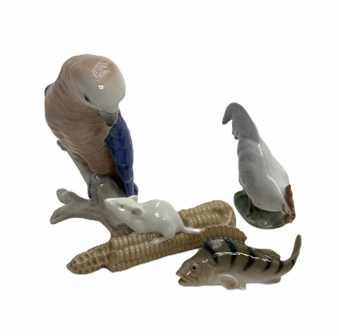 Four Pcs Porcelain Figurines: Four Pcs Porcelain Figurines Bing and Grondahl and Royal Copenhagen includes Rooster measures 3 5/8" H, Parrot measures 5 5/8" H, mouse on corn measures 2" H and fish measures 1 1/2" H x 2" L