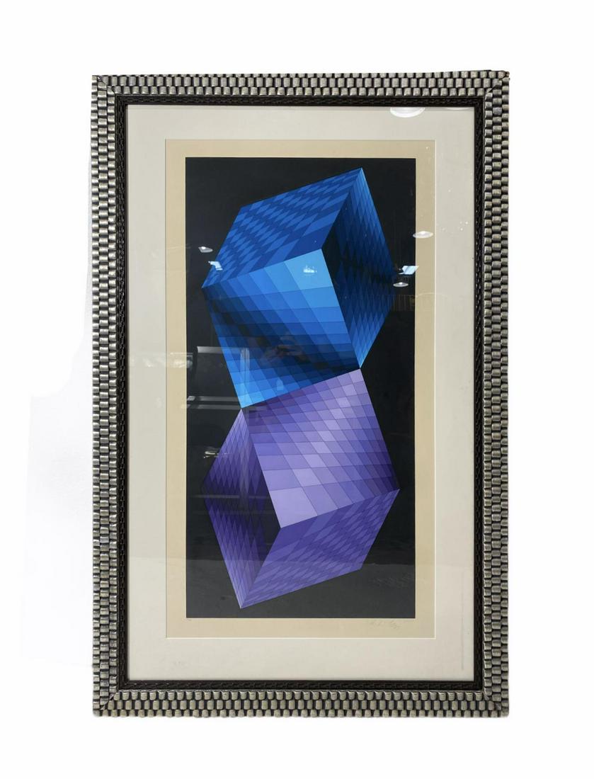 Signed Victor Vasarely Meta Serigraph: Victor Vasarely (Hungarian, 1906-1997) Meta Serigraph numbered 225/225 signed bottom right measures 49 1/2" H x 32" W with frame, 35 3/8" H x 17 3/4"