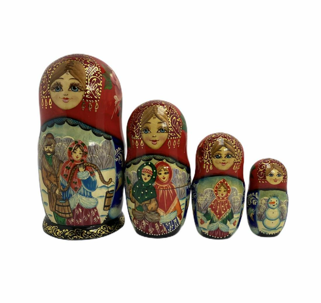 Two Russian Hand Painted Nesting Dolls: Two Russian Hand Painted Nesting Dolls measures 8 3/4" H and the other measures 7 1/2" H