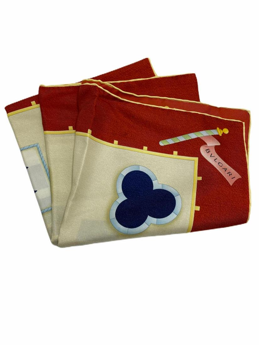 Bvlgari Silk Scarf Signed by Davide Pizzigoni: Bvlgari Silk Scarf Signed by Davide Pizzigoni measures approx 34" x 32" with original box