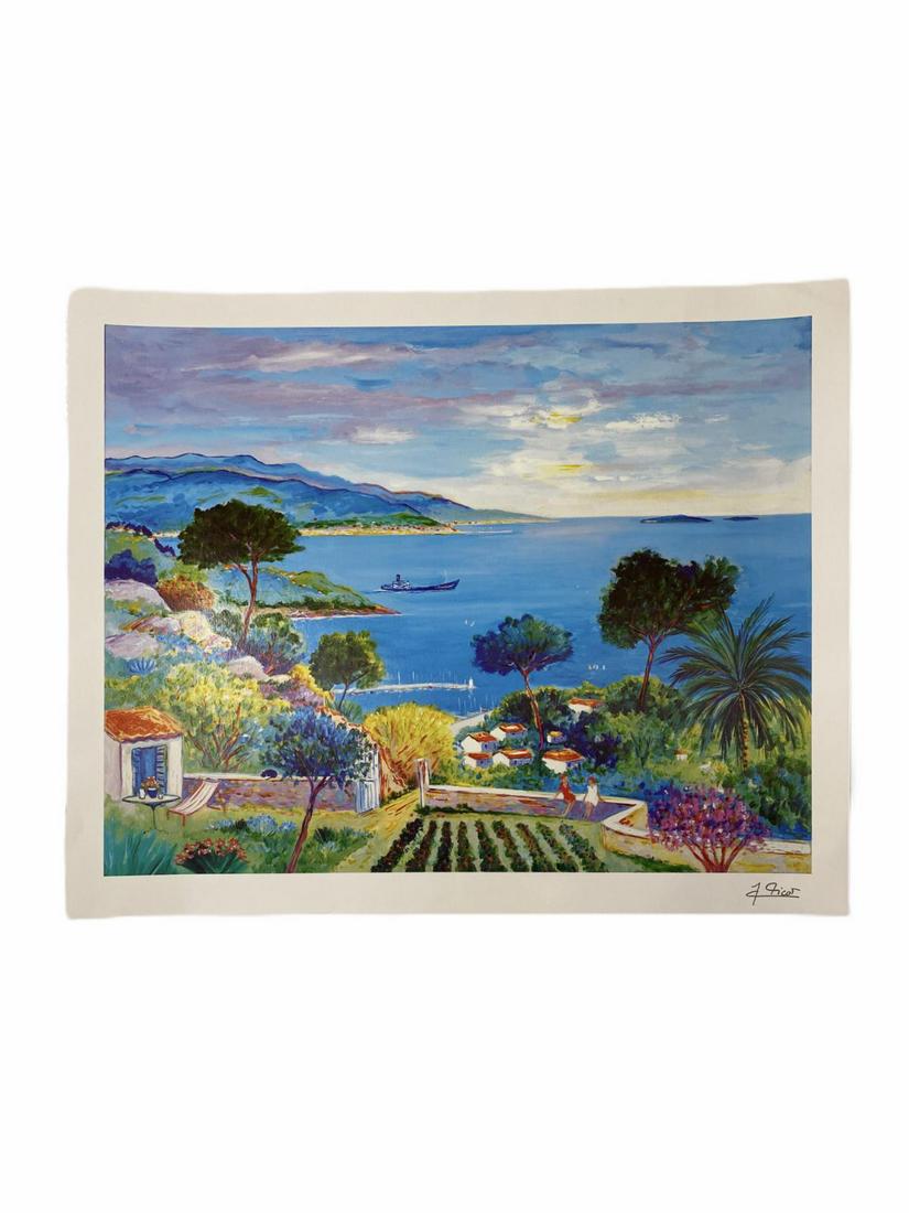 Signed Jean Claude Picot Seriolithograph in Color on: Jean Claude Picot (French b. 1933) Seriolithograph in Color on Paper two femmes au jardin a theoule 2000 signed lower right measures 18" x 22" comes with certificate of authenticity