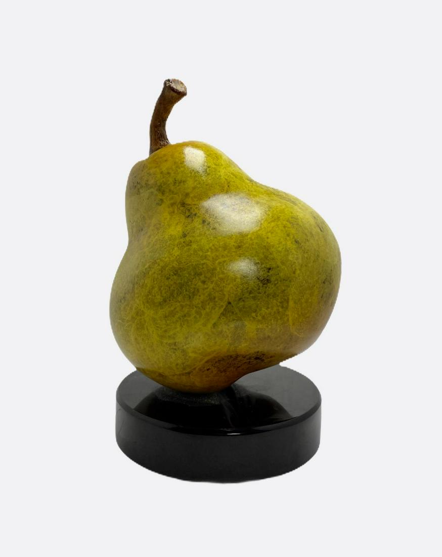 Luis Montoya Popliteo Polychrome Bronze Pear Sculpture: Luis Montoya Popliteo (Spanish b. 1950) Polychrome Bronze Pear Sculpture on Black Marble Base measures 11 5/8" H