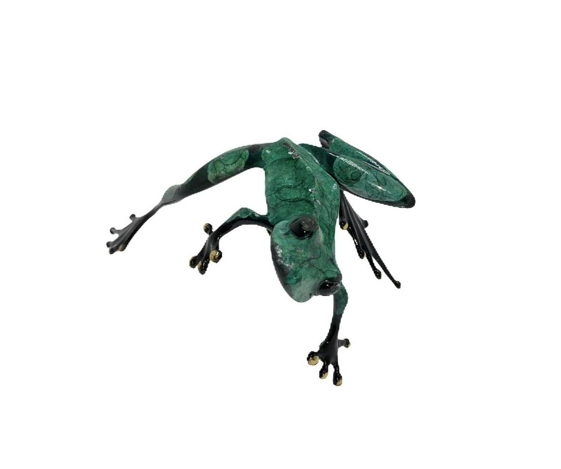 Signed Tim Cotteril Polychrome Bronze Frog Sculpture: Tim Cotteril (British b. 1950) Polychrome Bronze Frog Sculpture signed, numbered 378/1000 and marked measures 3 1/2" x 8". Has scratching, sold as is