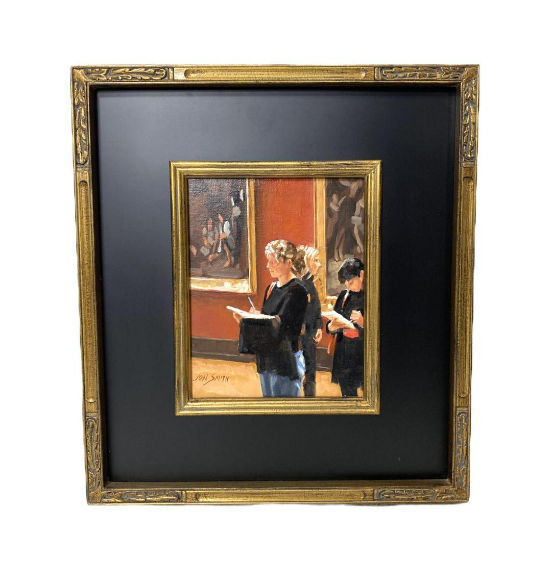 Signed Jon Smith Oil Painting on Board: Jon Smith (American, 20th Century) Oil Painting on Board student louvre signed lower left, titled, signed and dated on verso measures 8 1/2" H x 7 1/2" W, 4 3/8" frame