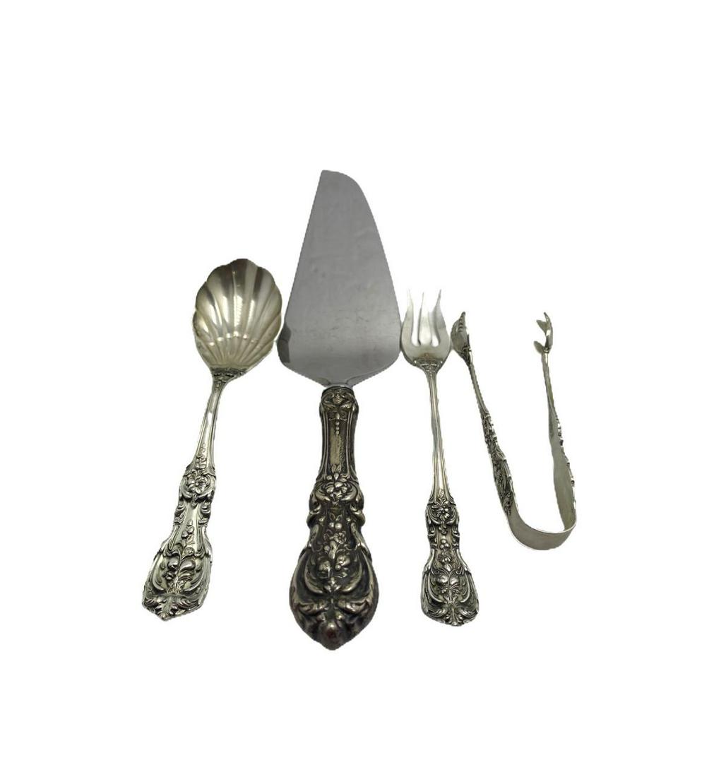 Three Pcs Reed and Barton Francis I Sterling Silver: Three Pcs Reed and Barton Francis I Sterling Silver Serving Pcs includes sugar tong measures 4 1/4" L, 1 shrimp fork measures 6" L, 1 sugar spoon measures 6 1/8" L and 1 pie server measures 10 1/4" L 