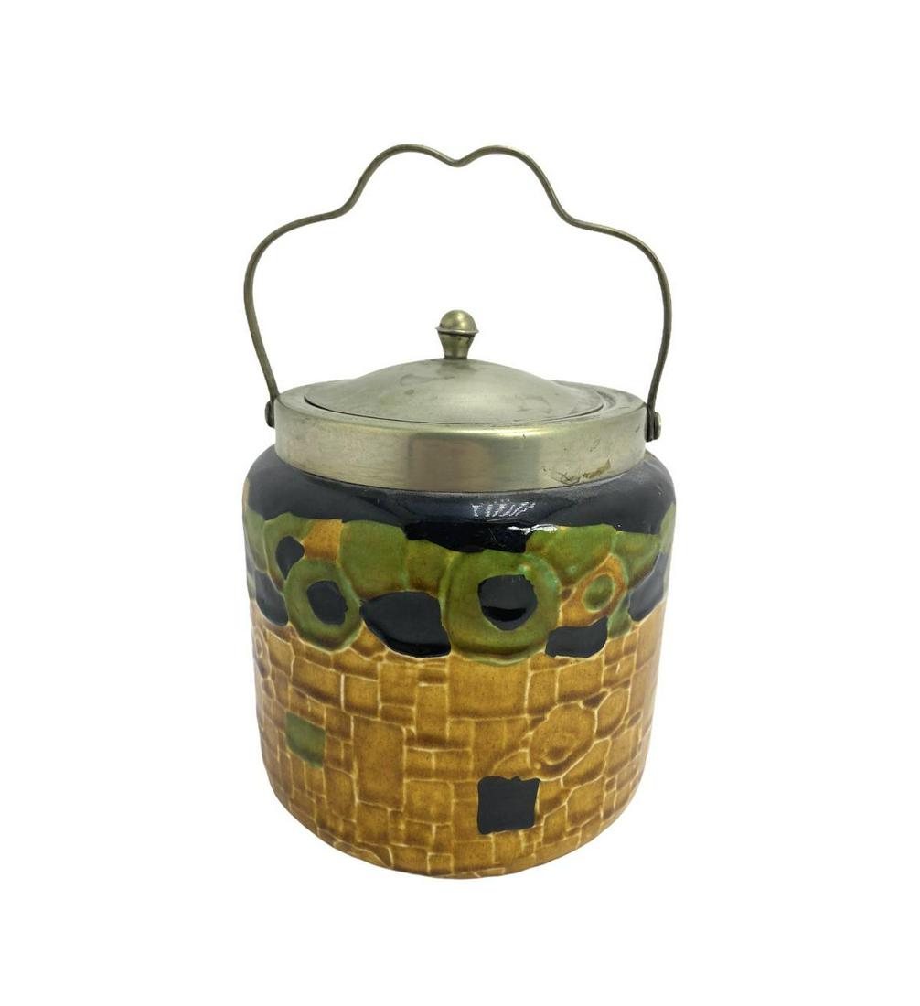 English Porcelain and Silver Plate Biscuit Barrel: English Porcelain and Silver Plate Biscuit Barrel measures 6 1/2" H