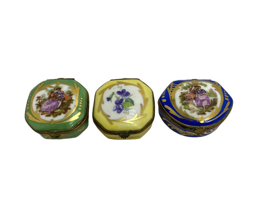 Three Limoge France Porcelain Trinket Box: Three Limoge France Porcelain Trinket Box measures 1" H x 23 1/4" D. One has damage, sold as is