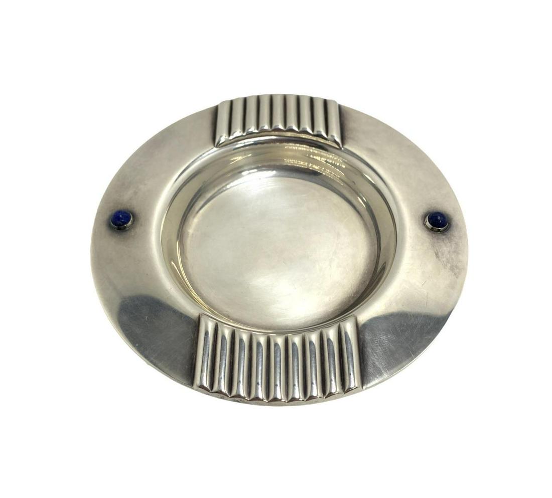 Cartier Silver Plate Lapis Lazuli Mounted Dish or Ash: Cartier Silver Plate Lapis Lazuli Mounted Dish or Ash Tray measures 4 5/8" DIA, stamped Cartier made in spain circa 1990