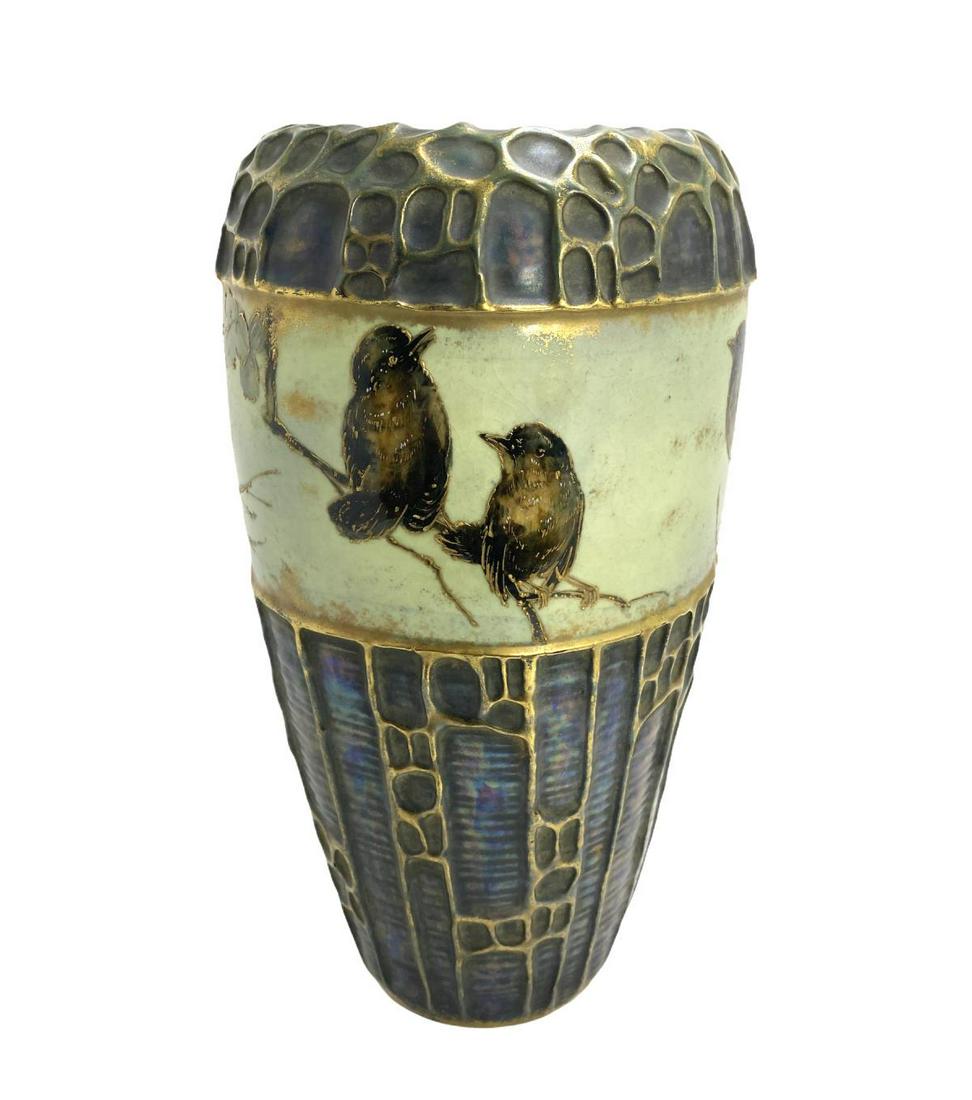 Amphora Vase with Floral and Birds Decoration and Gilt: Amphora Vase with Floral and Birds Decoration and Gilt Highlightin Stamped Amphora and #3732 on Bottom measures Height: 12"