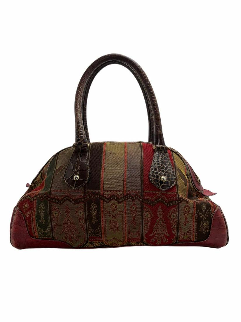 Etro Red Paisley Handbag Decorated with the Iconic: Etro Red Paisley Handbag Decorated with the Iconic Paisley Pattern. Embellished with alligator leather brown handles and goldtone hardware. Interior pocket with zip. Purse feet #15661-5123 16-04-07 wi
