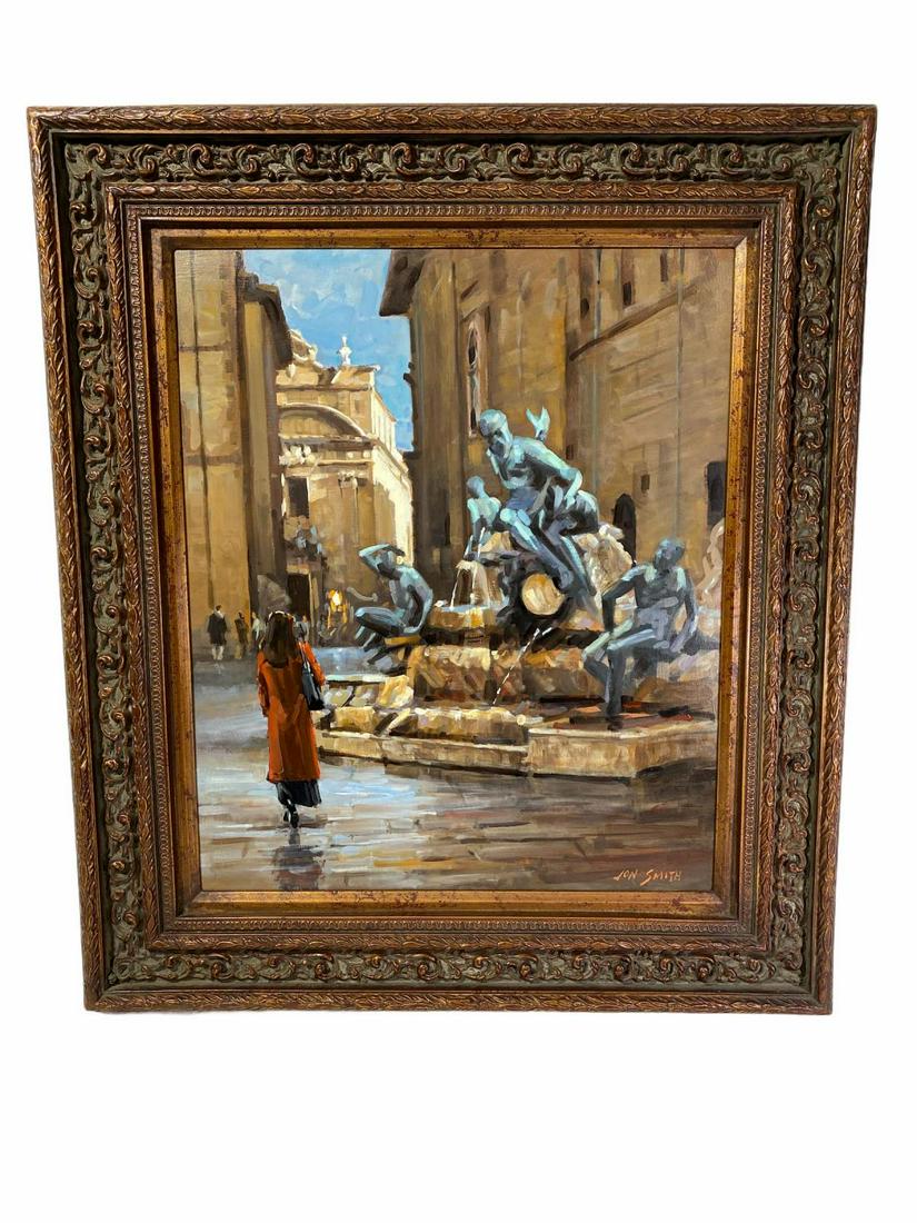 Signed Jon Smith Oil Painting on Board Florence Italy: Jon Smith (American, 20th/21st century) Oil Painting on Board Florence Italy 2006 signed lower right, titled and dated on verso measures 23 1/2" H x 19 1/2" W, 4 1/2" frame