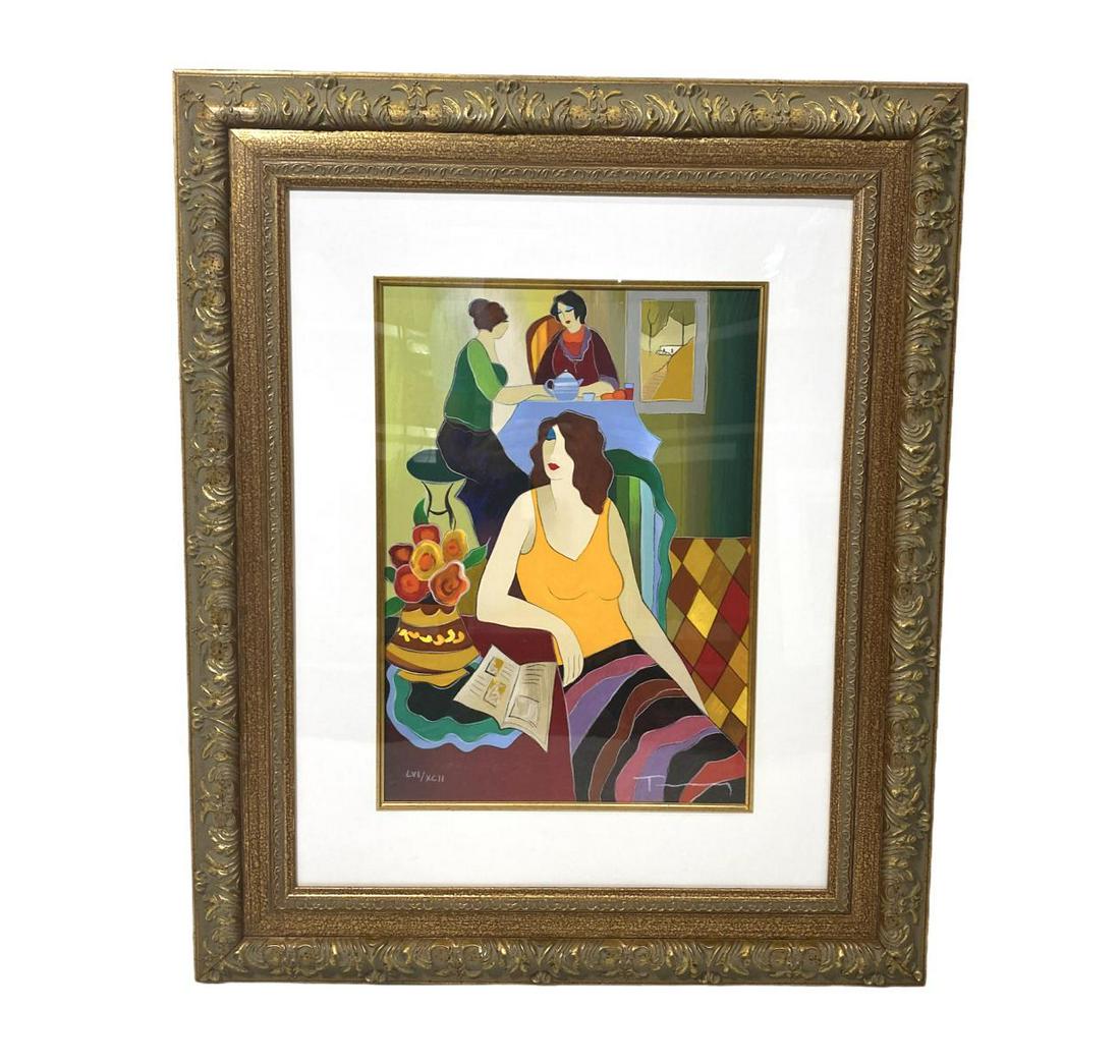 Signed Itzchak Tarkey Israeli 1935 Serigraph in Color: Itzchak Tarkey (Israeli, 1935) Serigraph in Color Subtly Amused pencil signed and roman numeral numbering measures Height: 16" x Width: 12", 6" frame and matte