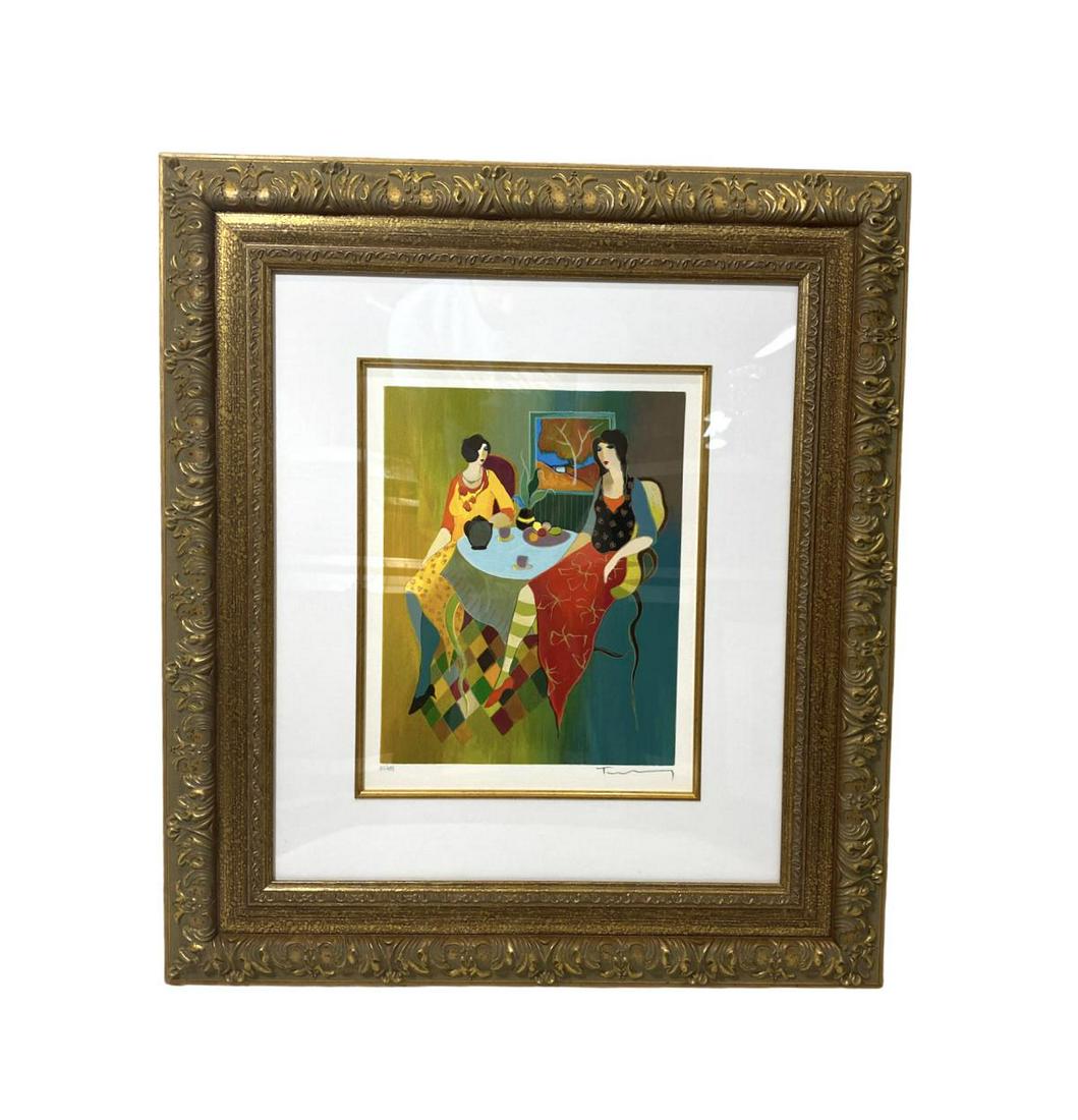 Signed Itzchak Tarkey Israeli 1935 Serigraph in Color: Itzchak Tarkey (Israeli, 1935) Serigraph in Color Truth and Tea signed lower right and numbered 61/495 measures Height: 13" x Width: 10", 6" frame and matte
