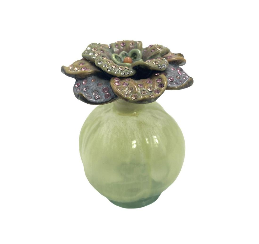 Signed Jay Strongwater Glass Perfume Bottle Bulbous: Jay Strongwater Glass Perfume Bottle Bulbous Body of Grass Green Coloration with Enameled and Jeweled Floral Stopper signed measures Height: 3 1/4"