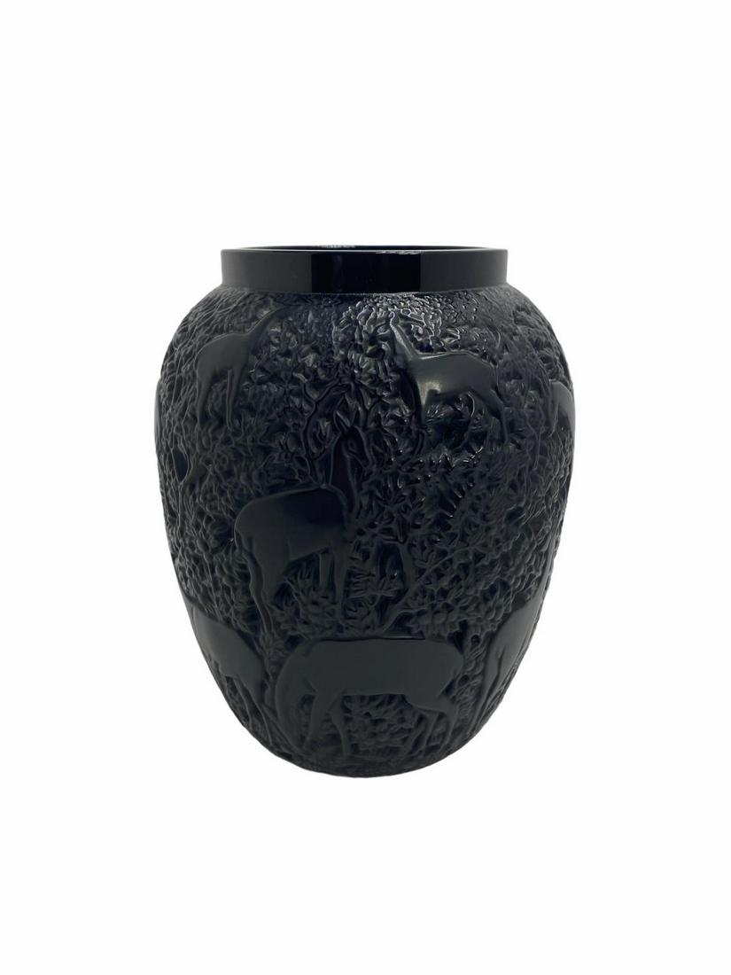 Signed Lalique French Molded Black Crystal Biches Vase: Signed Lalique French Molded Black Crystal Biches Vase black glass decorated with a forest of deer signed lalique france measures Height: 7"