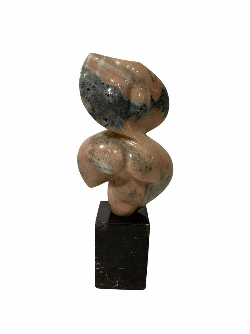 Signed Fritz Olsen 20th Century American Modernist: Fritz Olsen 20th Century American Modernist Abstract Marble Sculpture on Black Marble Base depicts a female nude torso signed and dated 87 measures 21 1/2" High