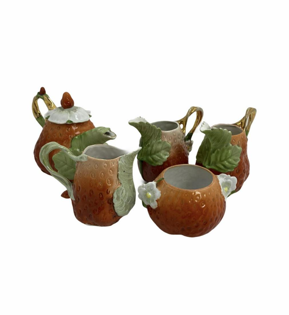 Five Royal Bayreuth Porcelain Strawberry Set: Five Royal Bayreuth Porcelain Strawberry Set includes teapot Height: 4 7/8", creamer Height: 3 3/8" and sugar bowl Height: 2 1/2"