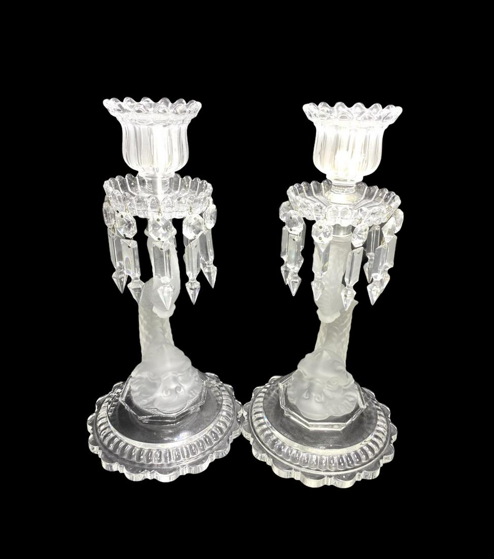 Signed Pair of Baccarat French Crystal Dolphin: Pair of Baccarat French Crystal Dolphin Candlesticks with Prisms measures Height: 14"