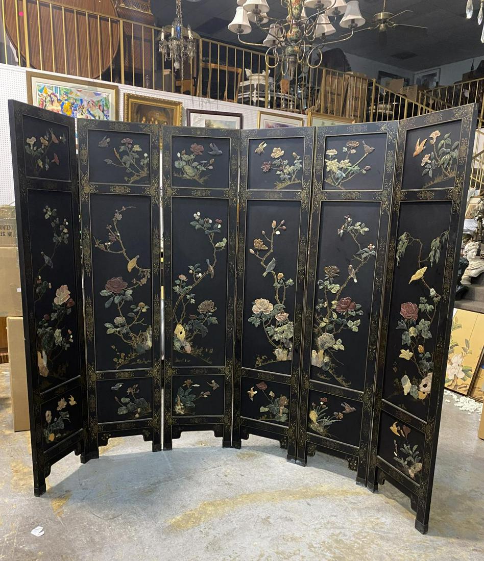 Chinese Black Lacquer and Hardstone Inlaid Six Panel: Chinese Black Lacquer and Hardstone Inlaid Six Panel Screen each panel measures Height: 72" x Width: 16"