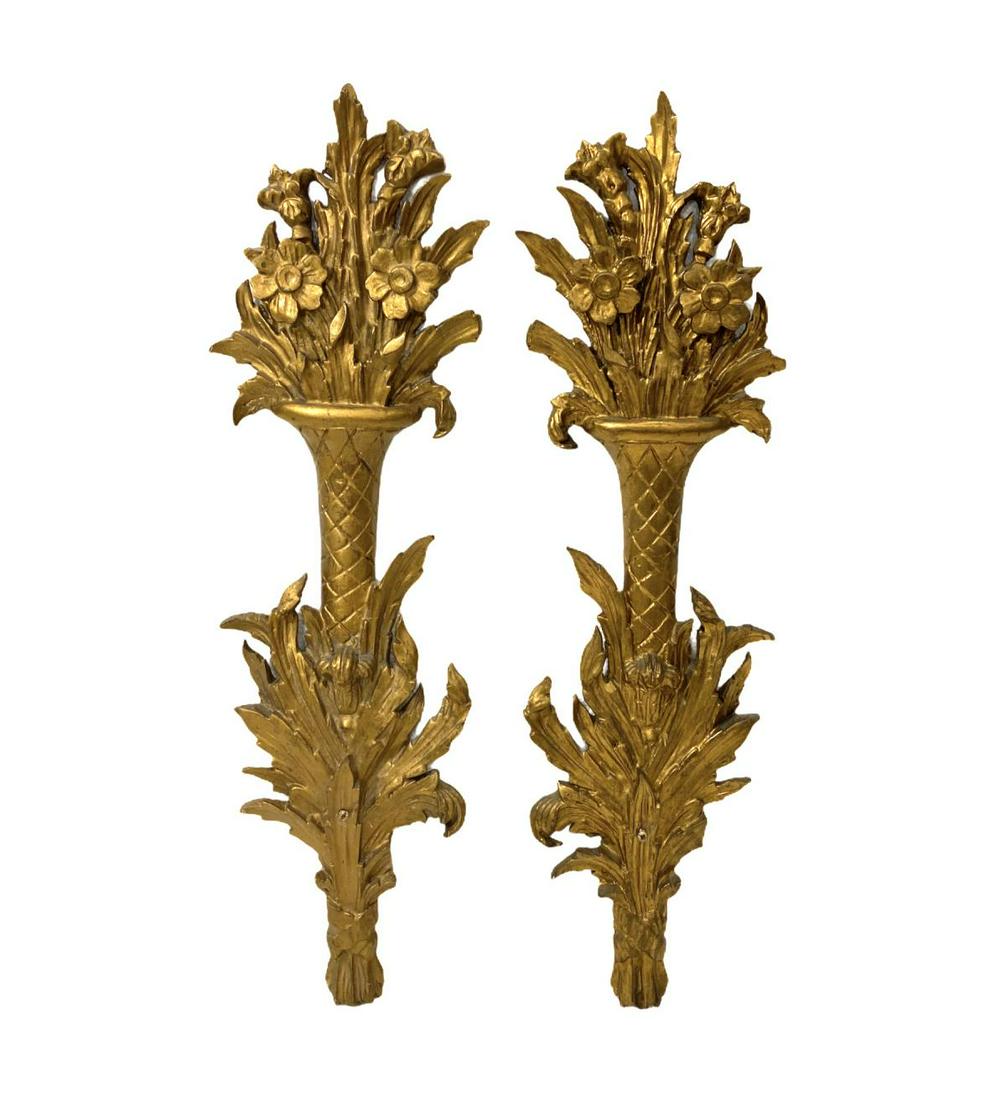 Pair of Louis Xv Style Gold Leaf Wall Sconces: Pair of Louis Xv Style Gold Leaf Wall Sconces measures Height: 25"