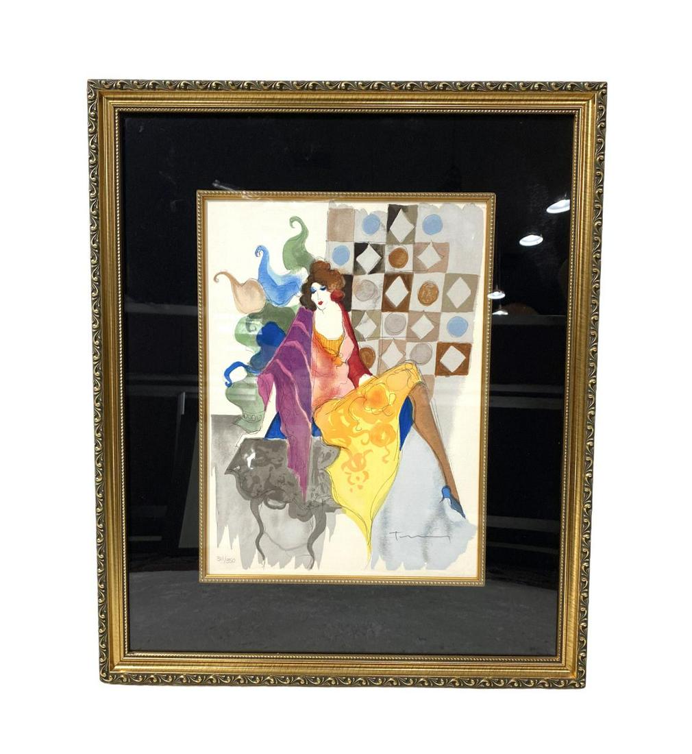 Signed Itzchak Tarkay Limited Edition Serigraph in: Itzchak Tarkay (1935-2012) Limited Edition Serigraph in Color Depicting a Lady Seated signed and numbered 311/350 measures Height: 16" x Width: 11 1/2", 4 1/2" frame and matte