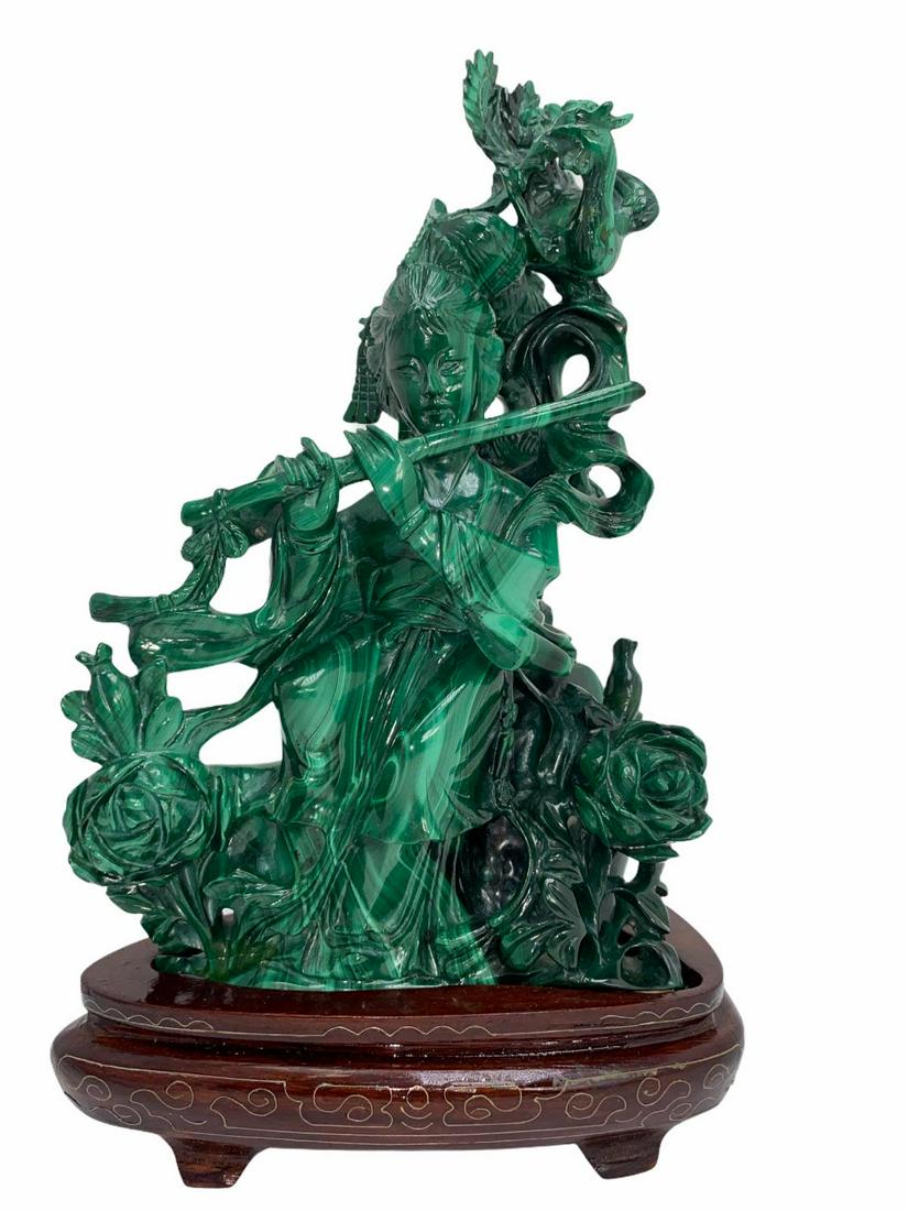Chinese Carved Malachite Figural Group on Wood Stand: Chinese Carved Malachite Figural Group on Wood Stand measures Height: 9"