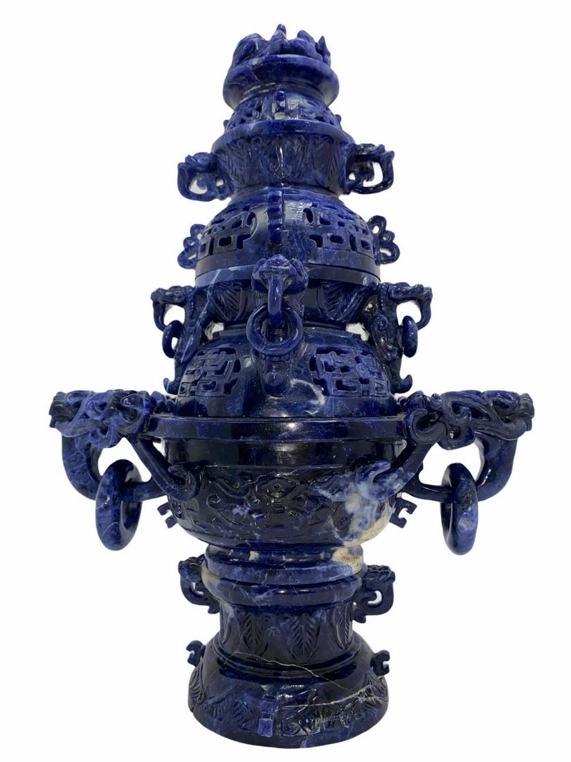 Chinese Carved Lapis Lazuli Coro and Cover on Wood: Chinese Carved Lapis Lazuli Coro and Cover on Wood Stand measures Height: 12"
