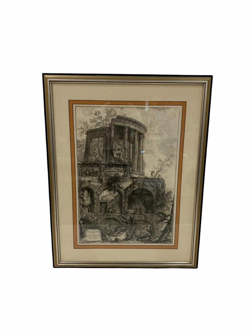 After Giovanni Battista Piranesi Italian Engraving: After Giovanni Battista Piranesi (Italian, 1720-1778) Engraving Altra Veduta Del Tempio Della Sibilla in Tivoli measures Height: 25" x Width: 18", 5" frame and matte
