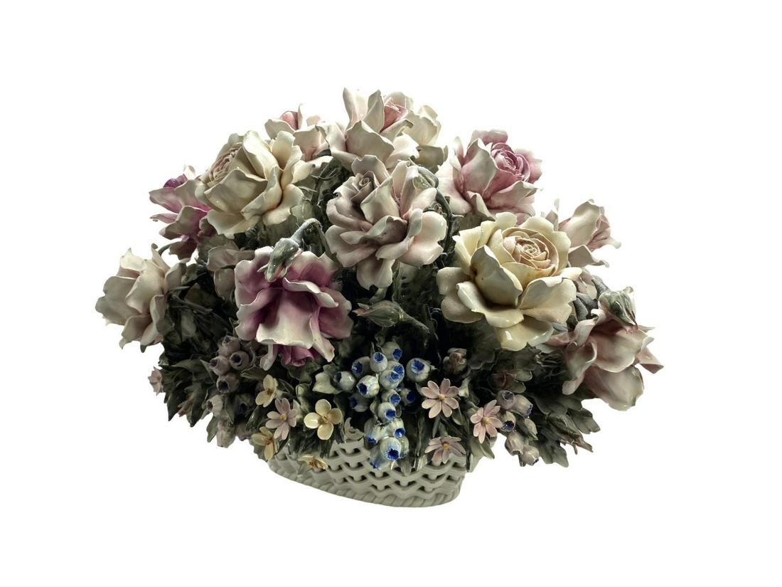 Large Capodimonte Porcelain Floral Centepiece: Large Capodimonte Porcelain Floral Centepiece measures approx 14" x 20"