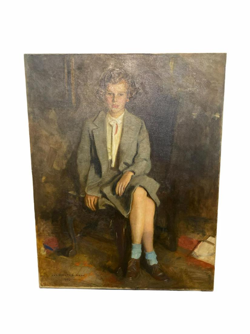 Signed Harrington Mann Scottish/American Oil Painting: Harrington Mann (Scottish/American, 1864-1937) Oil Painting on Canvas Portrait of a Boy on a Chair signed and dated measures 50" x 40", out of frame